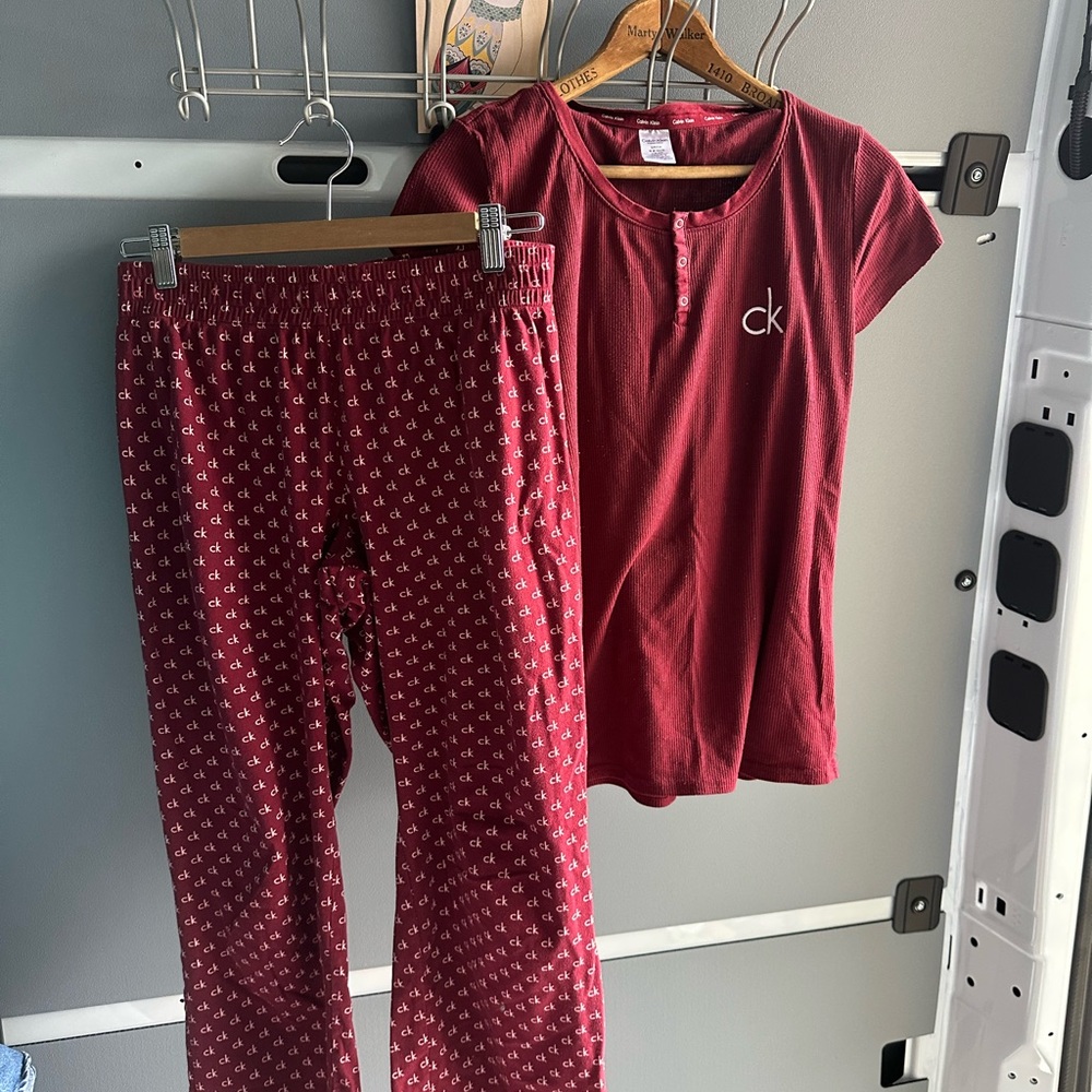 Calvin Klein Burgundy Red Short Sleeve Top & Logo Pajama Pants Set